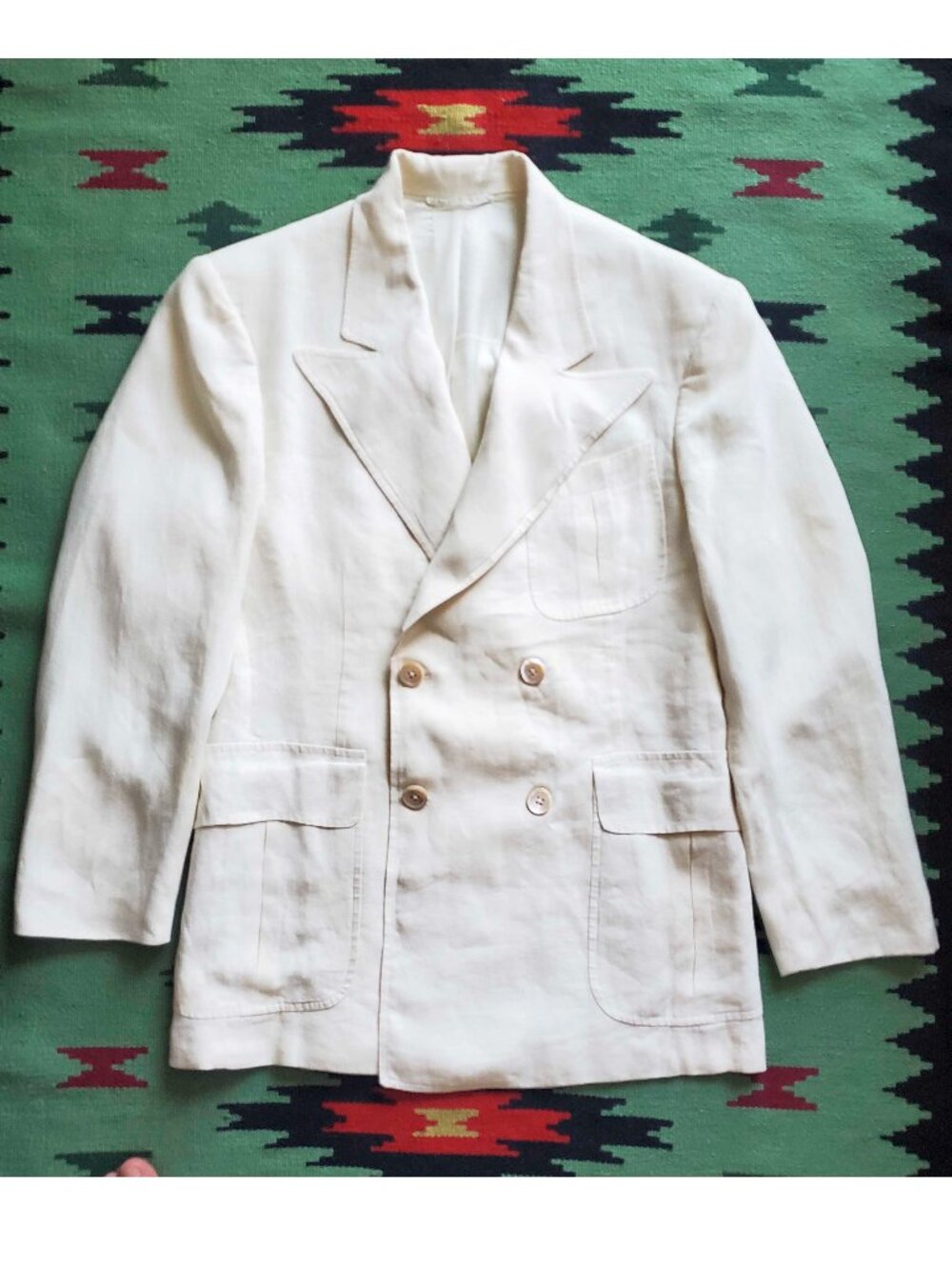 30s Style J. Peterman VTG Mens Belt Back Linen Double Breasted Blazer Peak Lapel